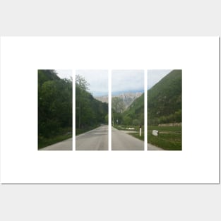 A shot on the move from behind the windshield of an electric car with alps mountains in front of it in a fresh sunny spring day. POV first person view shot on a asphalted mountain road Posters and Art